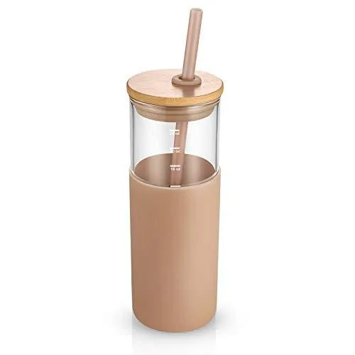 Advanced Mixology 24oz Glass Tumbler Glass Water Bottle Straw Silicone Protective Sleeve Bamboo Lid - BPA Free