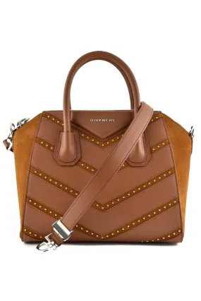 Antigona Small Brown Chevron Studded Shoulder Top Handle Tote Bag