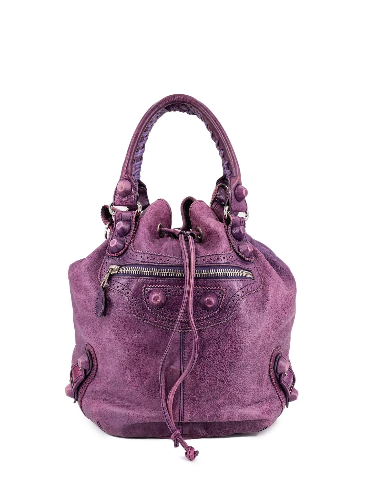 Balenciaga Leather Large Pompon Bucket Bag Purple