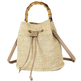 Bamboo Handle Women Crossbody Bucket Handbag Purse