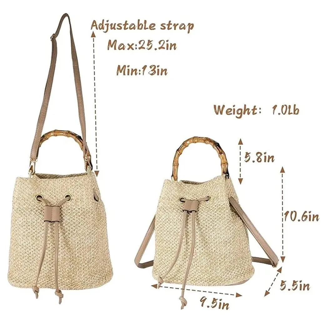 Bamboo Handle Women Crossbody Bucket Handbag Purse