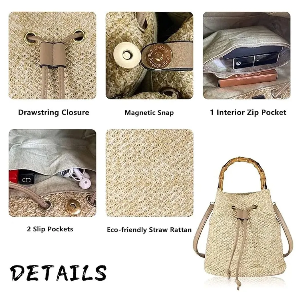 Bamboo Handle Women Crossbody Bucket Handbag Purse