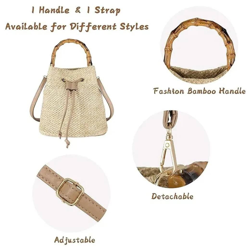 Bamboo Handle Women Crossbody Bucket Handbag Purse