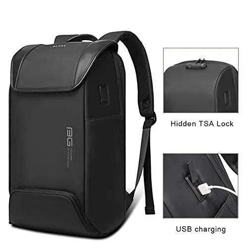 BANGE Water Resistant Polyester Anti-Theft Unisex Travel Laptop Backpack with USB Port (Black)