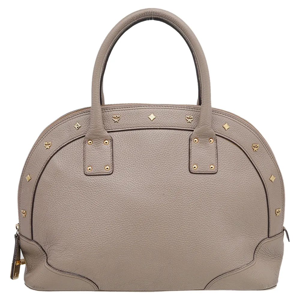 Beige Leather Studded Alma Top Handle Dome Bag