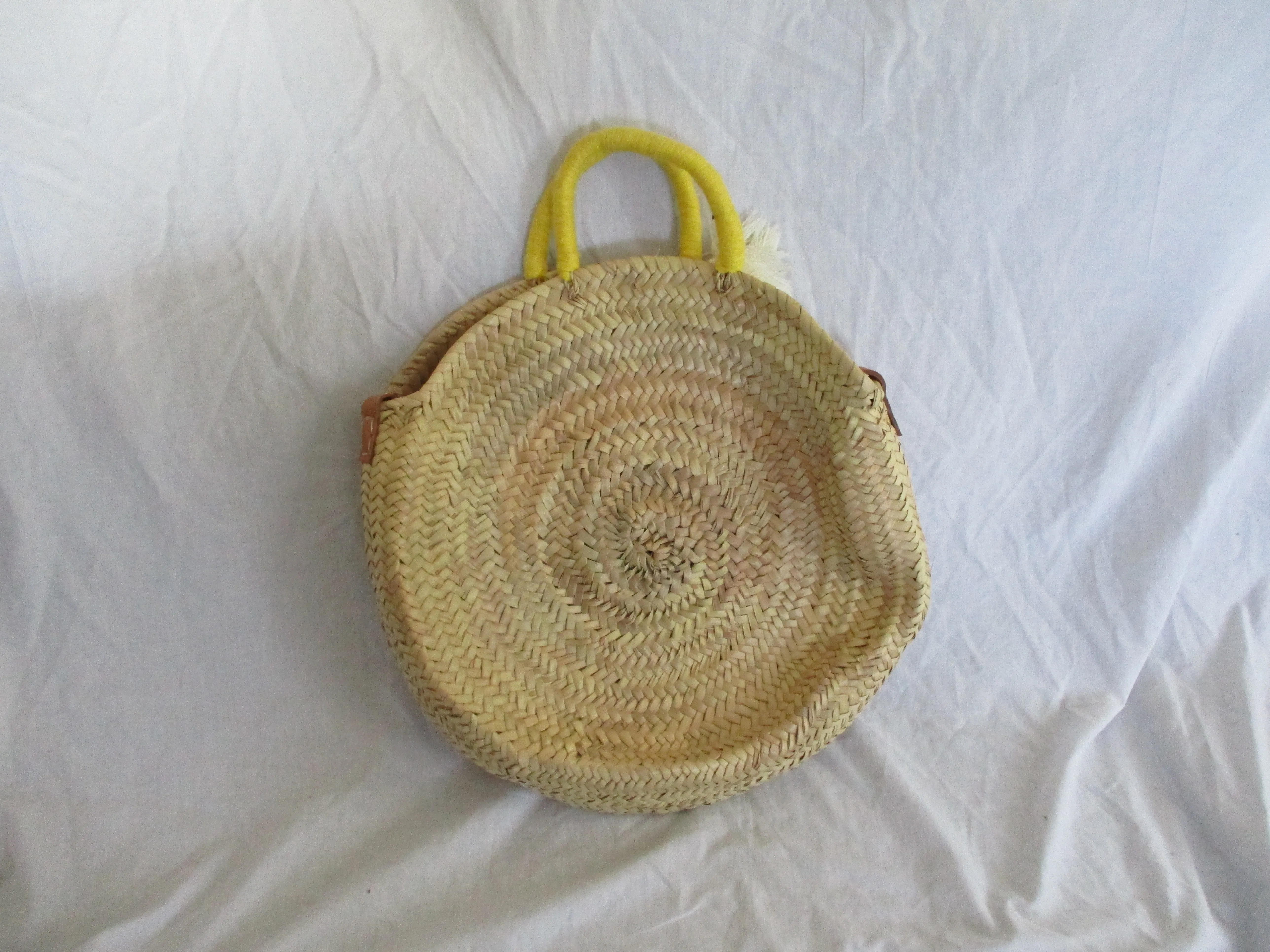 CABANE BOMBOU Woven Basket Leather Bucket TOTE Bag NATURAL Shopper Market Summer Purse