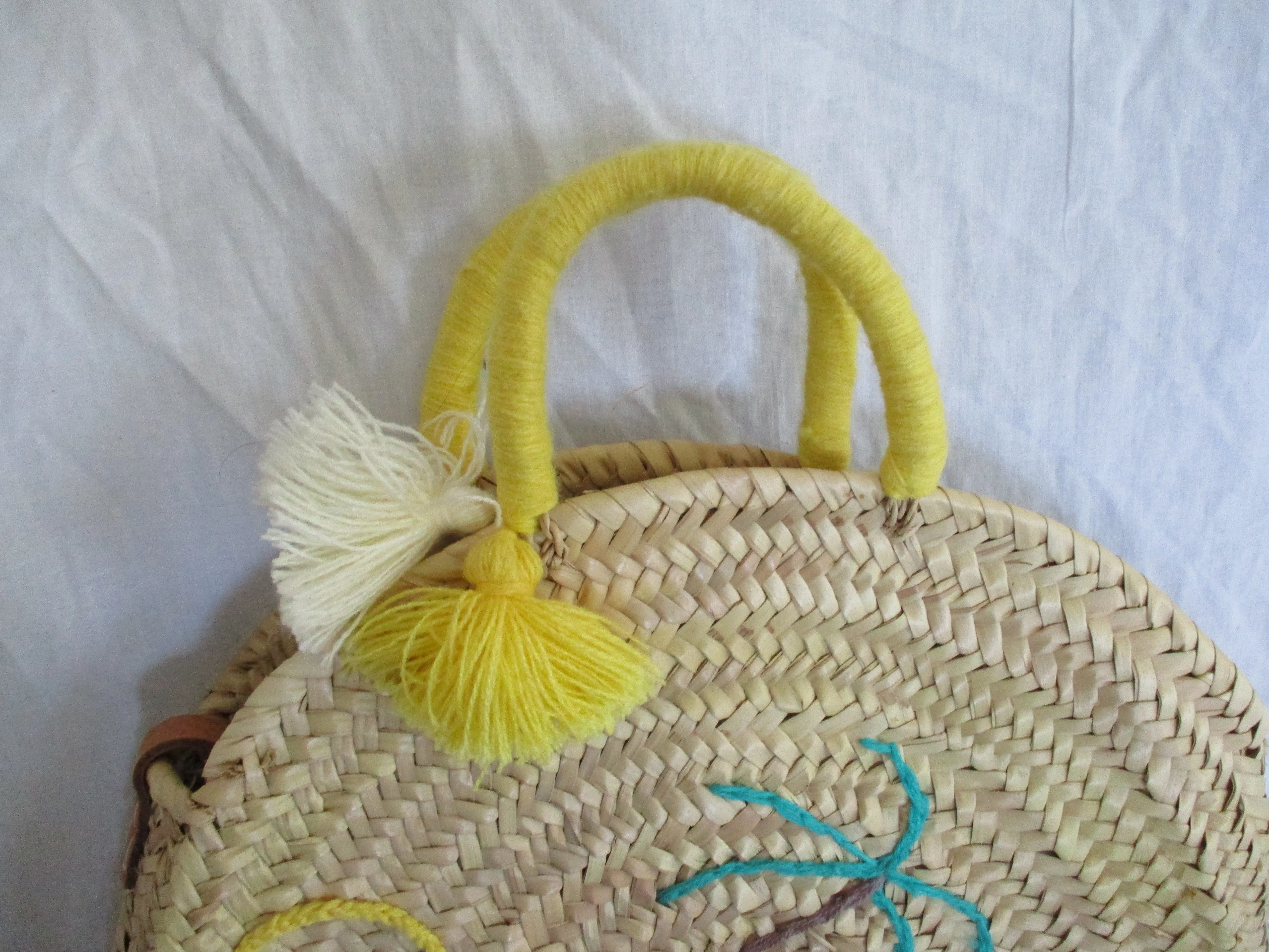 CABANE BOMBOU Woven Basket Leather Bucket TOTE Bag NATURAL Shopper Market Summer Purse