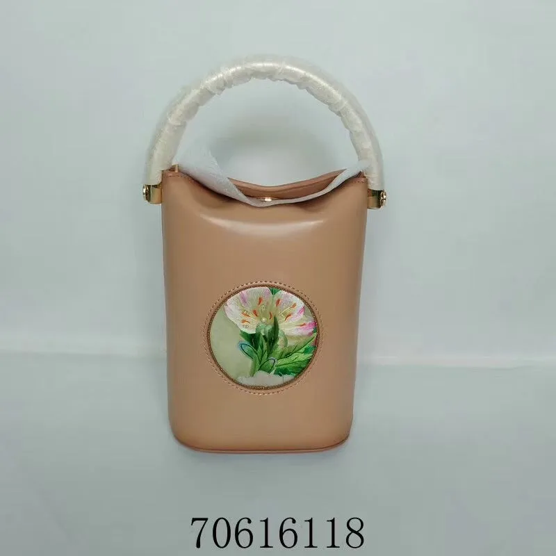 Classic hand su embroidery metal cowhide bag mini bucket pail shoulderbag handbag