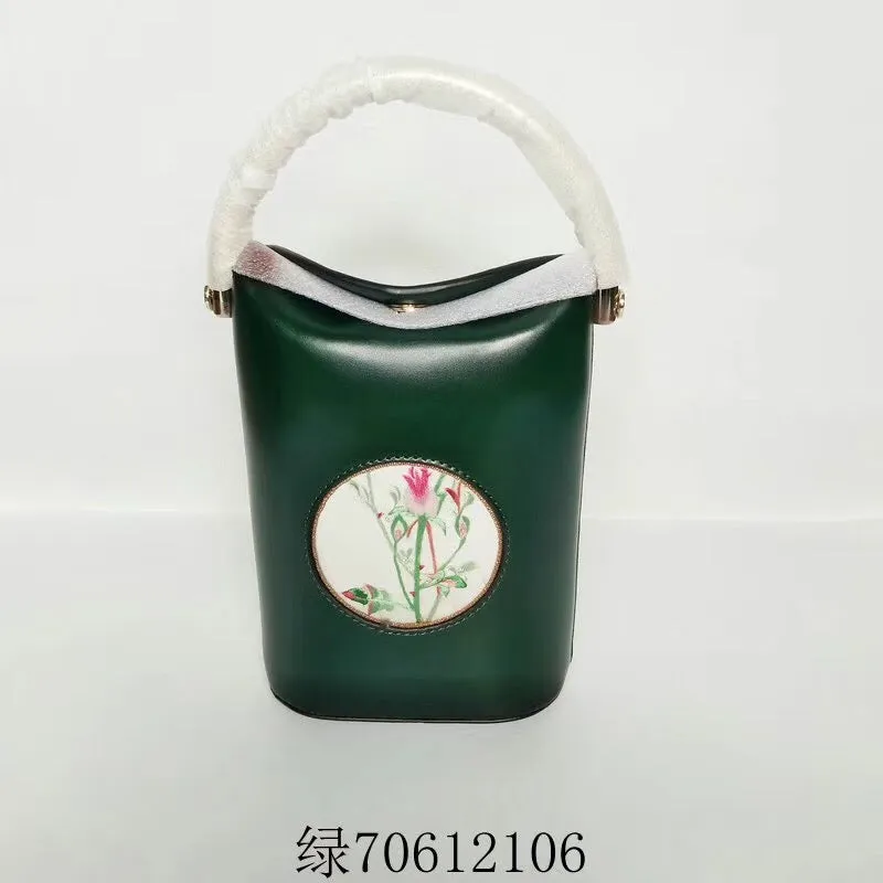 Classic hand su embroidery metal cowhide bag mini bucket pail shoulderbag handbag