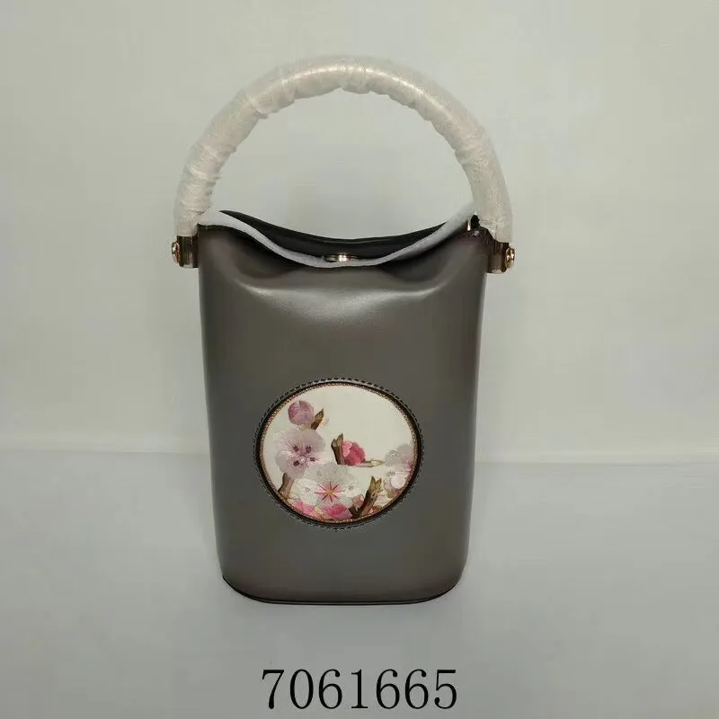 Classic hand su embroidery metal cowhide bag mini bucket pail shoulderbag handbag