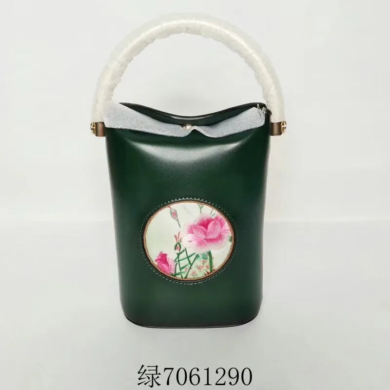 Classic hand su embroidery metal cowhide bag mini bucket pail shoulderbag handbag