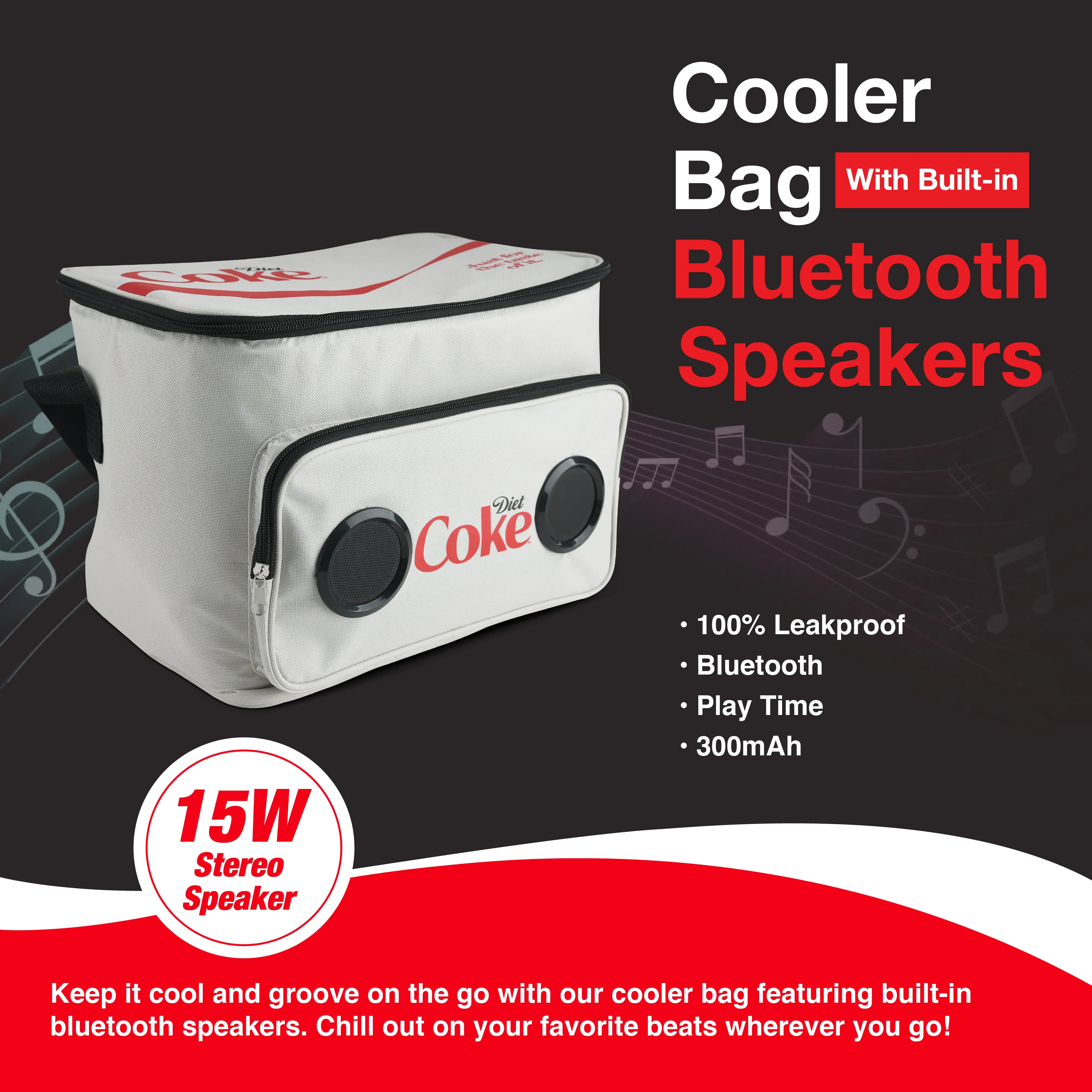 Coca Cola/ Diet Coke Cooler Bluetooth Speaker Bag with Rechargeable Long Playtime Battery, Stereo Sound, Multi Zipped Pockets and Adjustable Shoulder Strip For Indoor & Outdoor Parties | Portable Speaker