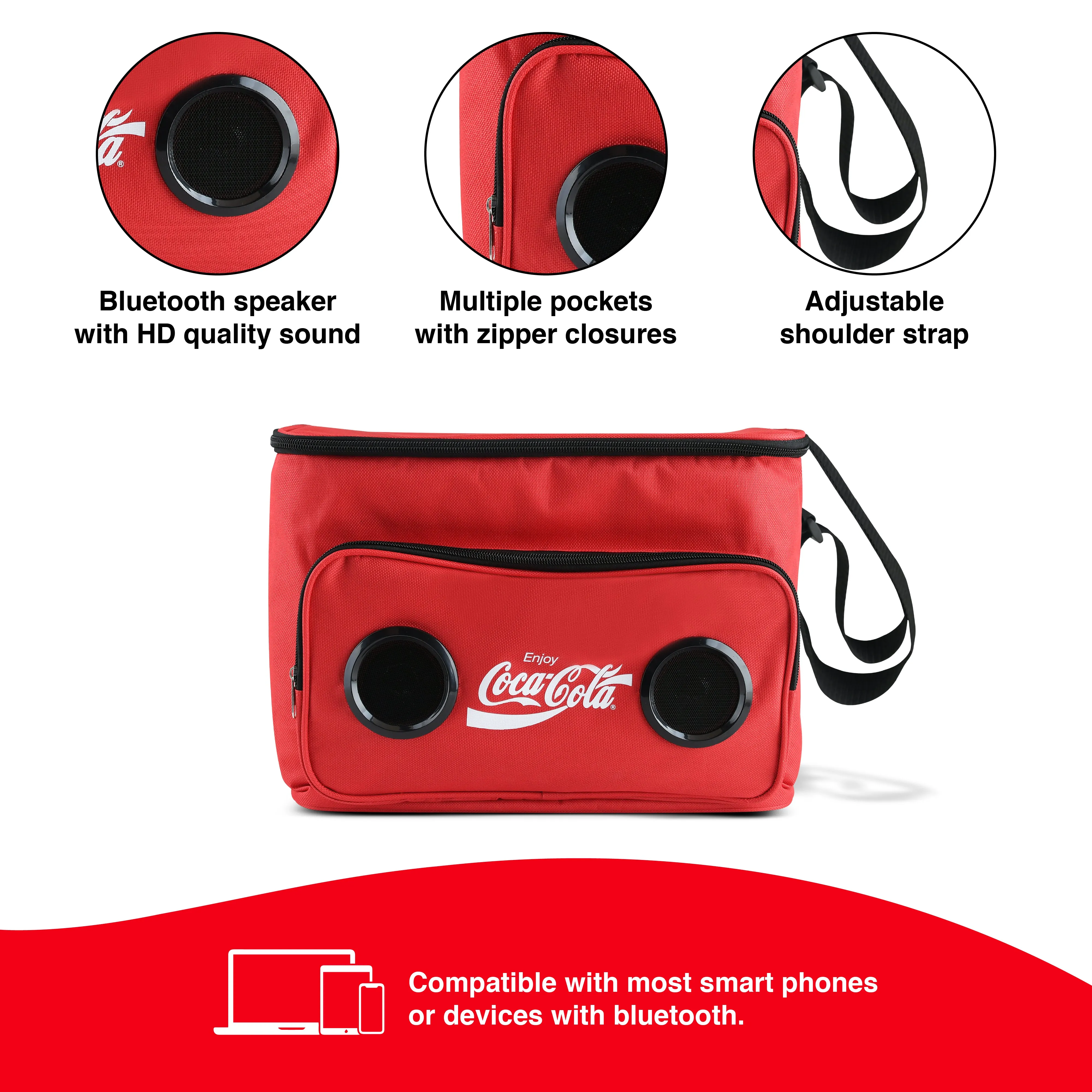 Coca Cola/ Diet Coke Cooler Bluetooth Speaker Bag with Rechargeable Long Playtime Battery, Stereo Sound, Multi Zipped Pockets and Adjustable Shoulder Strip For Indoor & Outdoor Parties | Portable Speaker