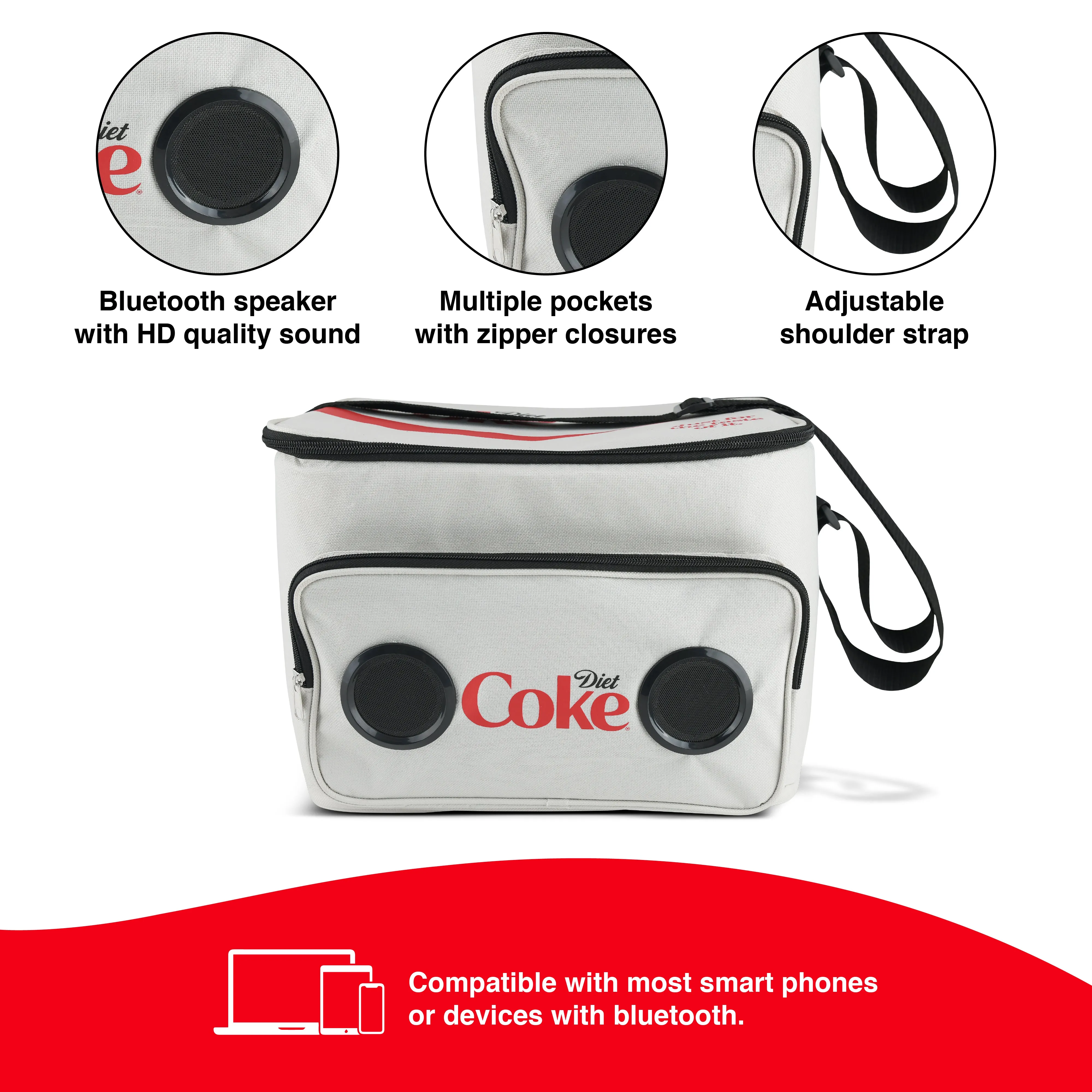 Coca Cola/ Diet Coke Cooler Bluetooth Speaker Bag with Rechargeable Long Playtime Battery, Stereo Sound, Multi Zipped Pockets and Adjustable Shoulder Strip For Indoor & Outdoor Parties | Portable Speaker