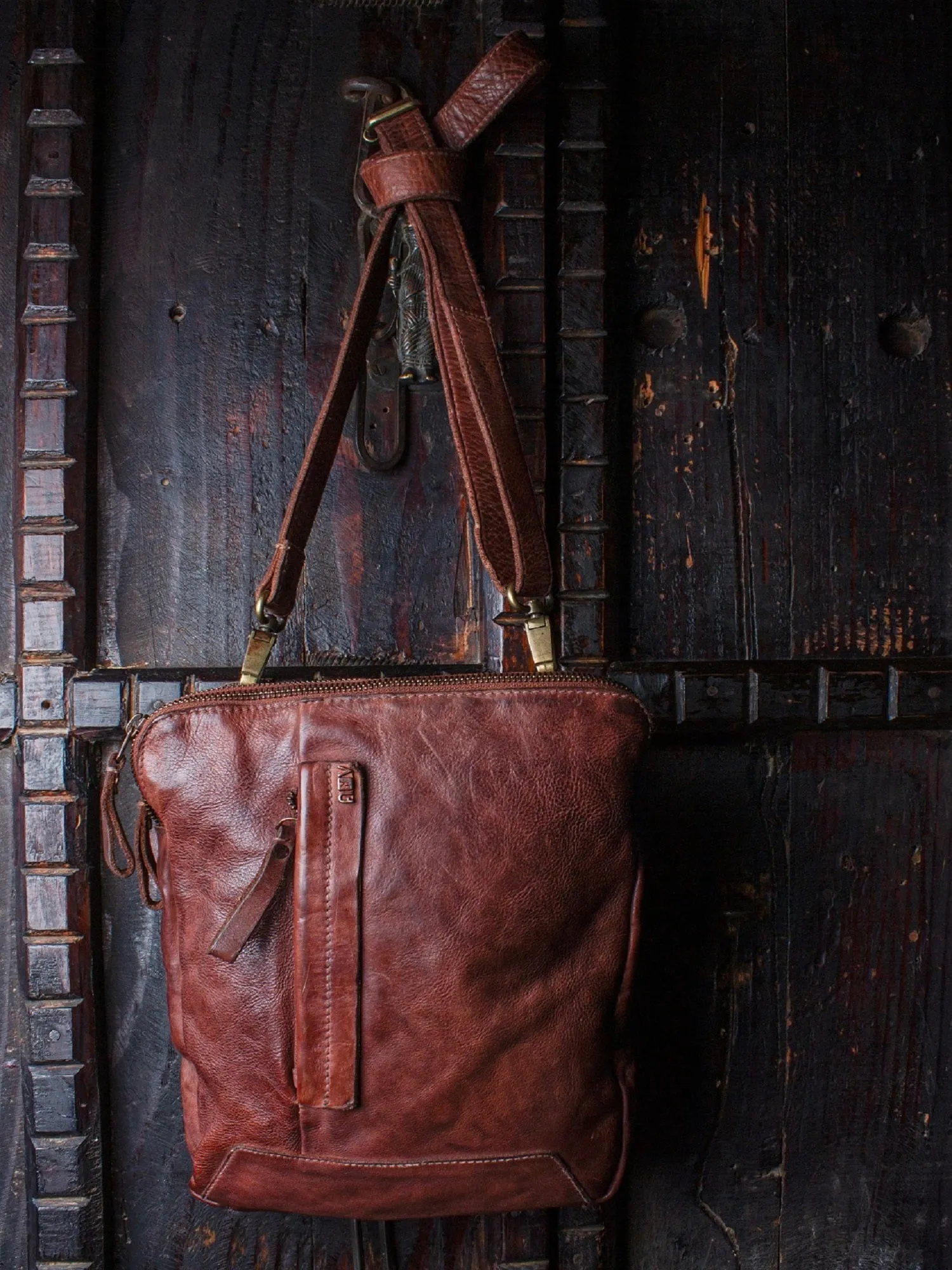 Cognac Leather Washed Look Crossbody Bag