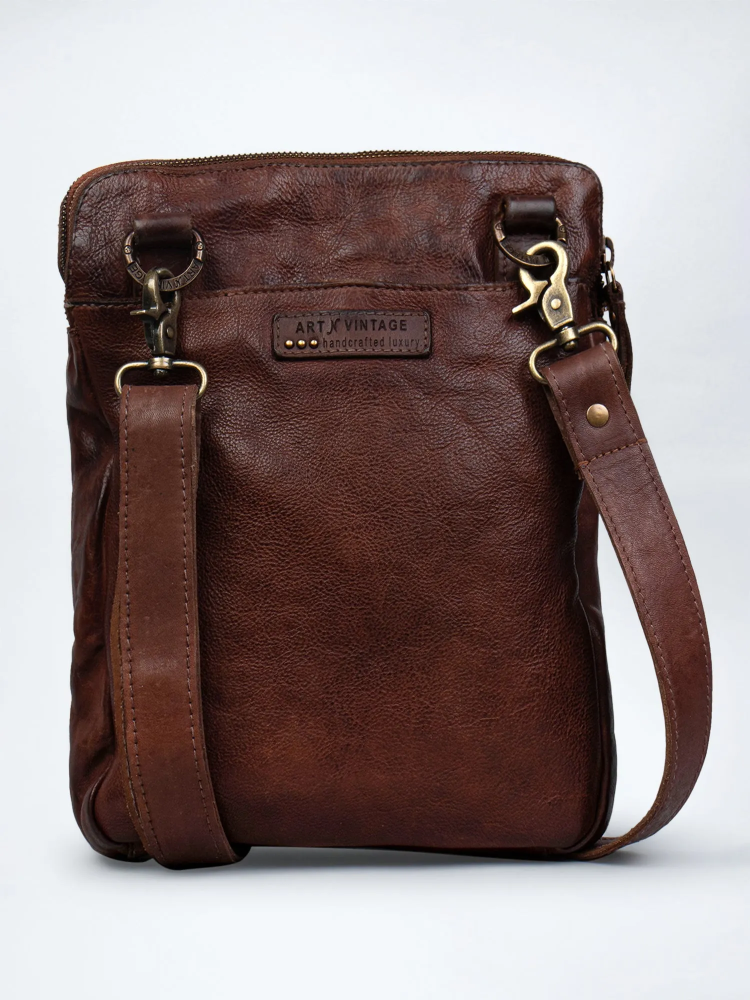 Cognac Leather Washed Look Crossbody Bag