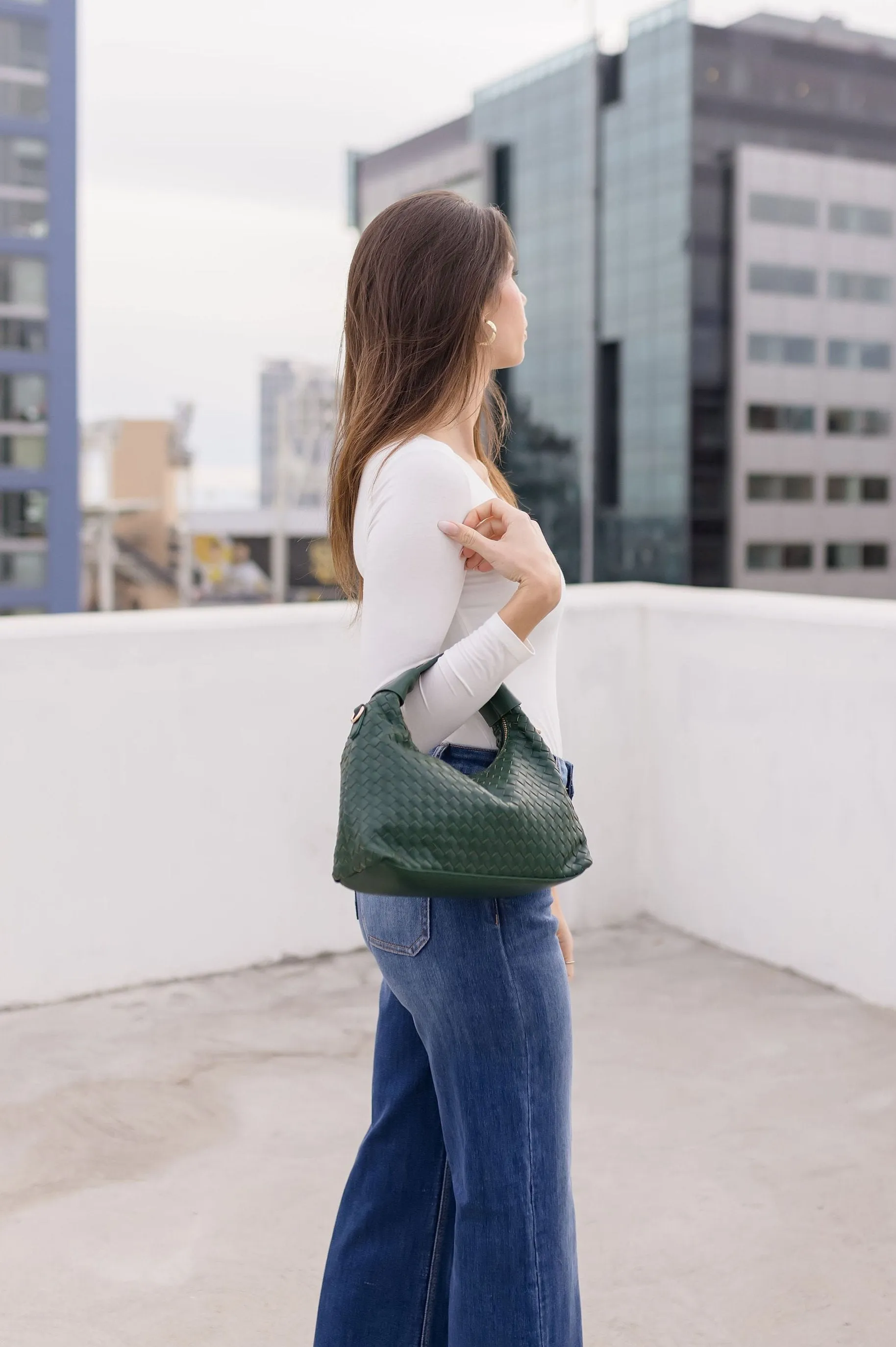 Cora Top Handle Vegan Leather Woven Purse Green