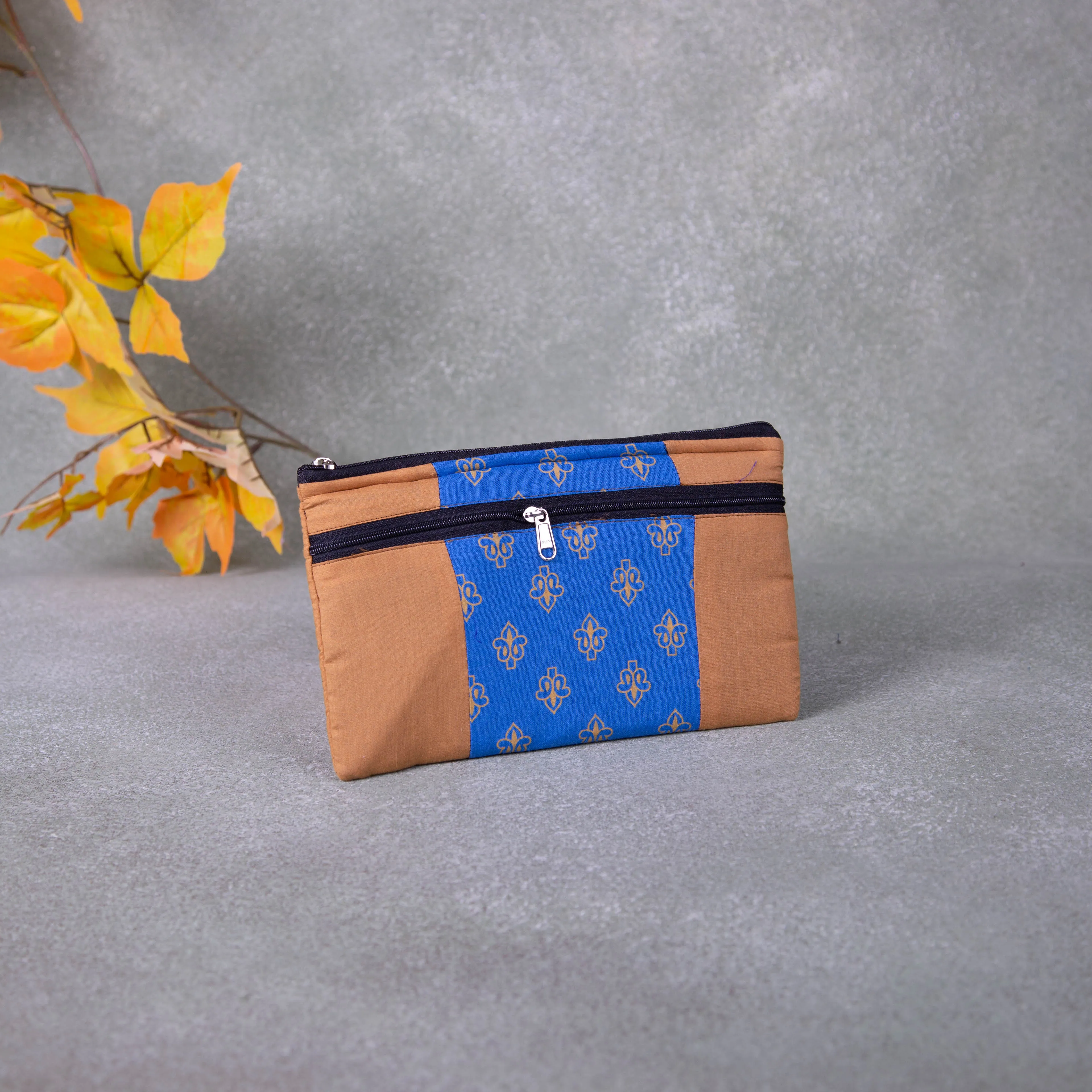 Cotton Multizip Purse Blue with Golden Small Flower Design.