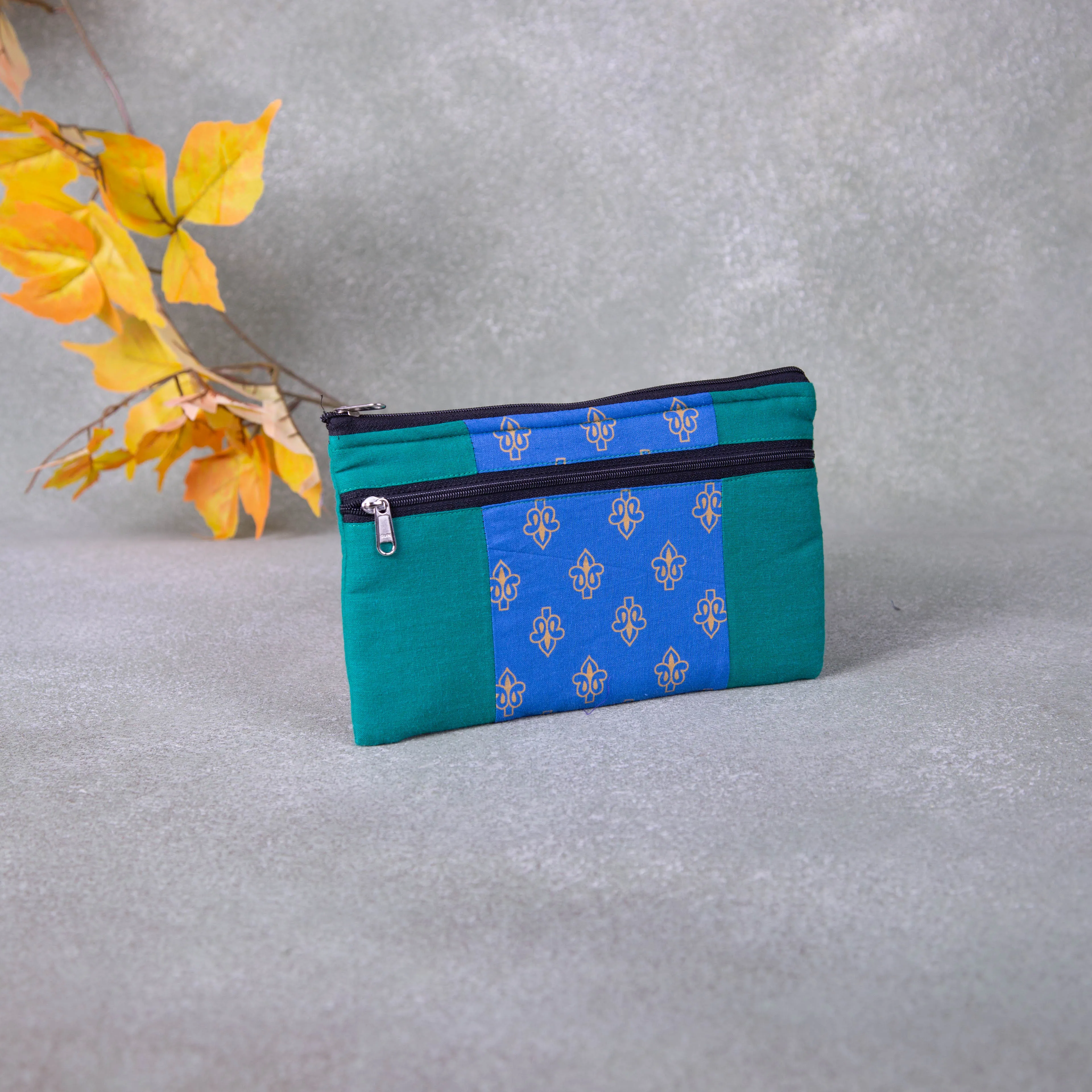 Cotton Multizip Purse Green with Blue Prints.