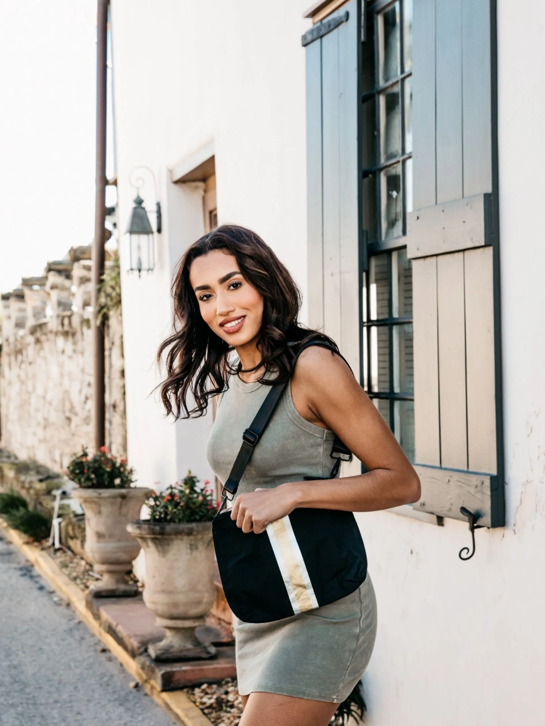 Crossbody Purse in Black with Gold and Silver Stripes