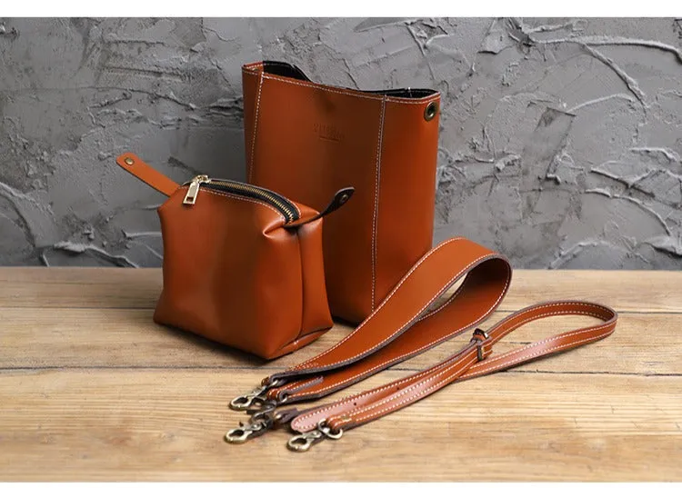 Cute Coffee LEATHER WOMEN Bucket SHOULDER BAG Barrel Crossbody Purses FOR WOMEN