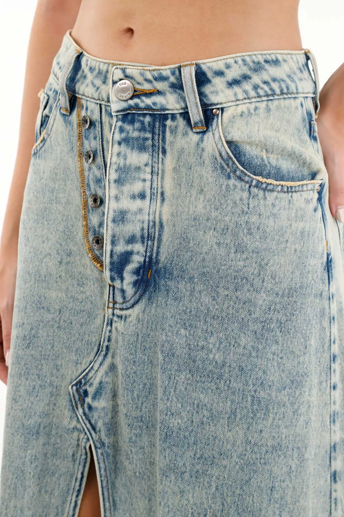 Falda larga con silueta tipo A en denim azul para mujer