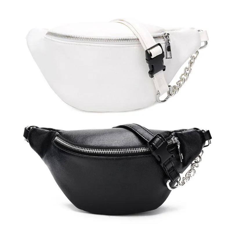 Fashionable Functional Female Leather Fannypack With Adjustable Strap & Metal Chain