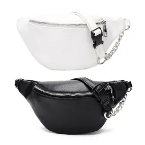 Fashionable Functional Female Leather Fannypack With Adjustable Strap & Metal Chain