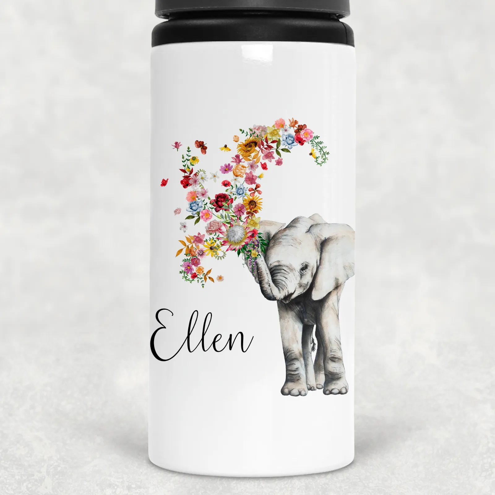 Floral Elephant Personalised Aluminium Straw Water Bottle 650ml