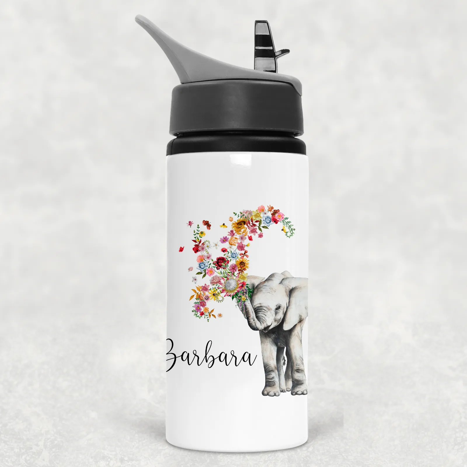 Floral Elephant Personalised Aluminium Straw Water Bottle 650ml