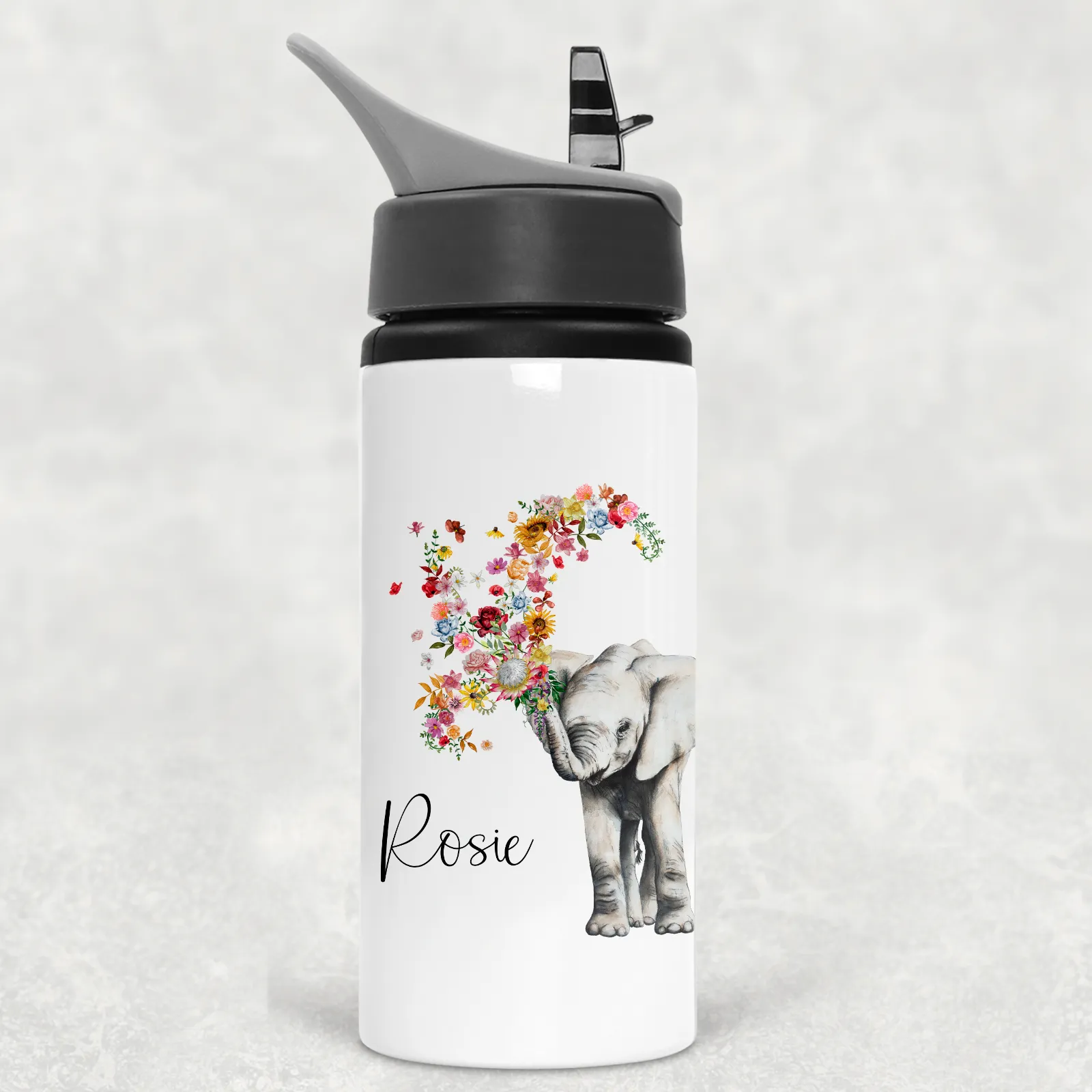 Floral Elephant Personalised Aluminium Straw Water Bottle 650ml