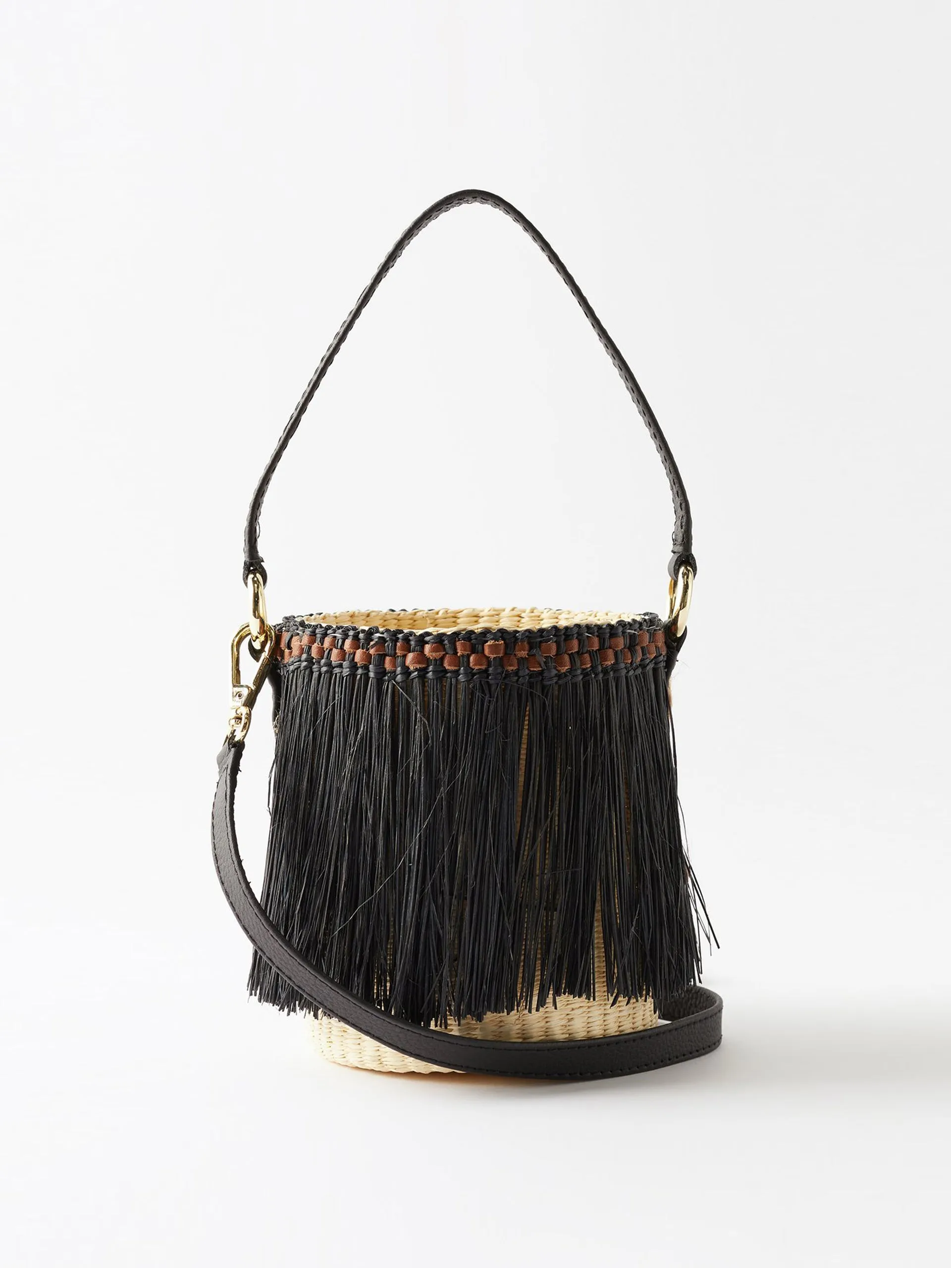 Frayed mini straw bucket bag