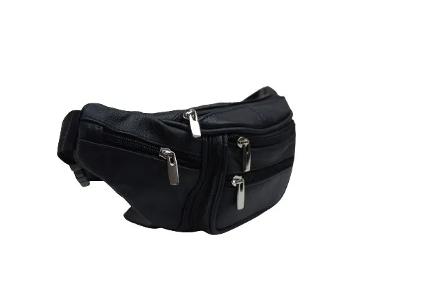 Genuine Cowhide Leather Waist Fanny Pack Pouch 6 Compartments Black