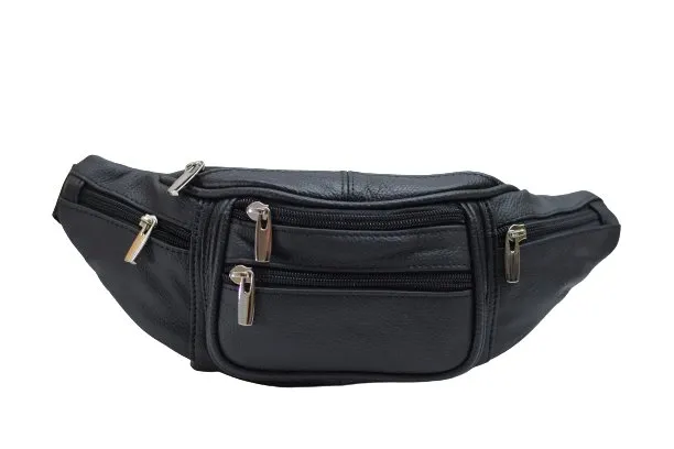 Genuine Cowhide Leather Waist Fanny Pack Pouch 6 Compartments Black