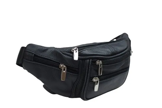 Genuine Cowhide Leather Waist Fanny Pack Pouch 6 Compartments Black