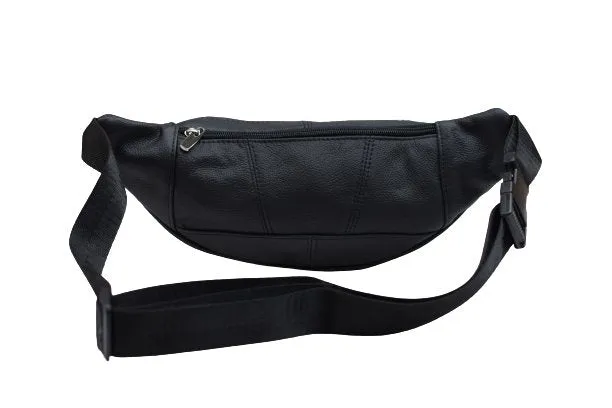 Genuine Cowhide Leather Waist Fanny Pack Pouch 6 Compartments Black