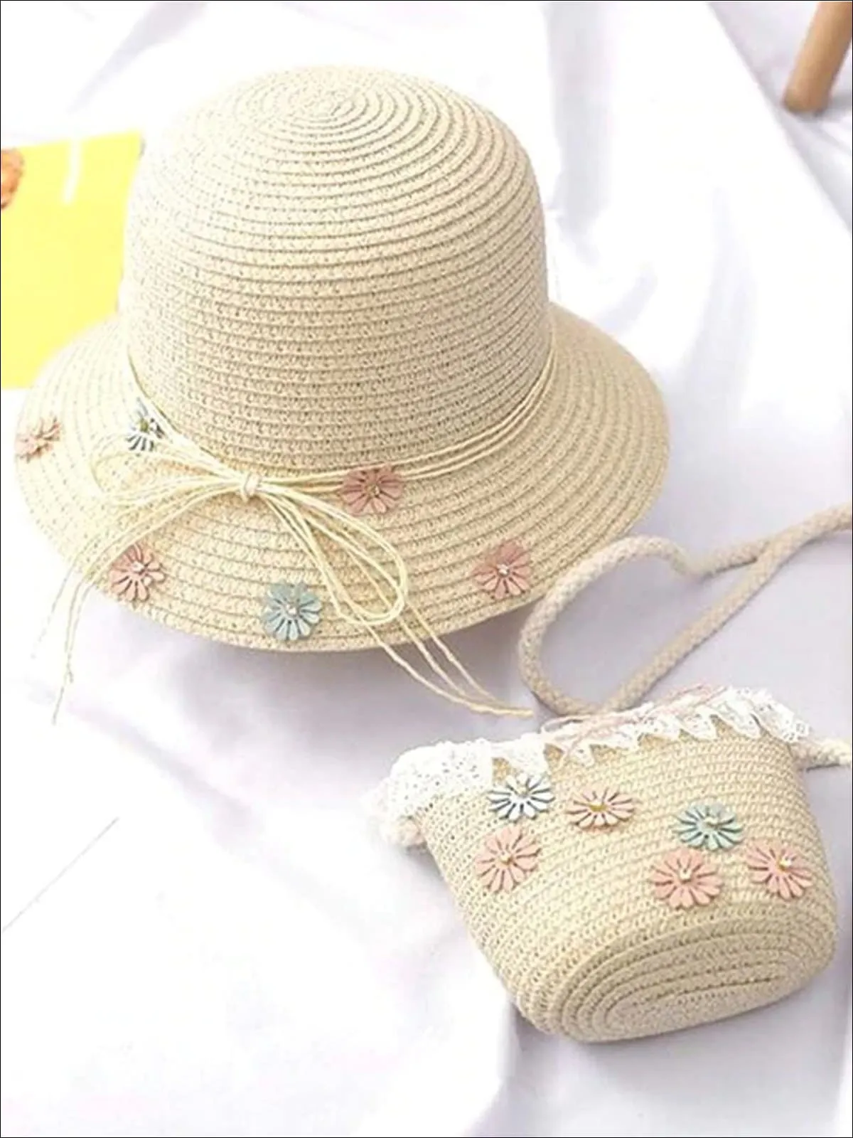 Girls Flower Embellished Straw Hat With Matching Purse