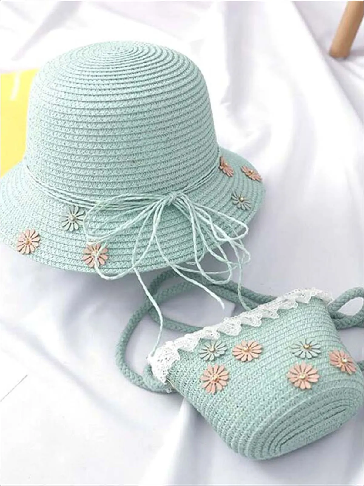 Girls Flower Embellished Straw Hat With Matching Purse