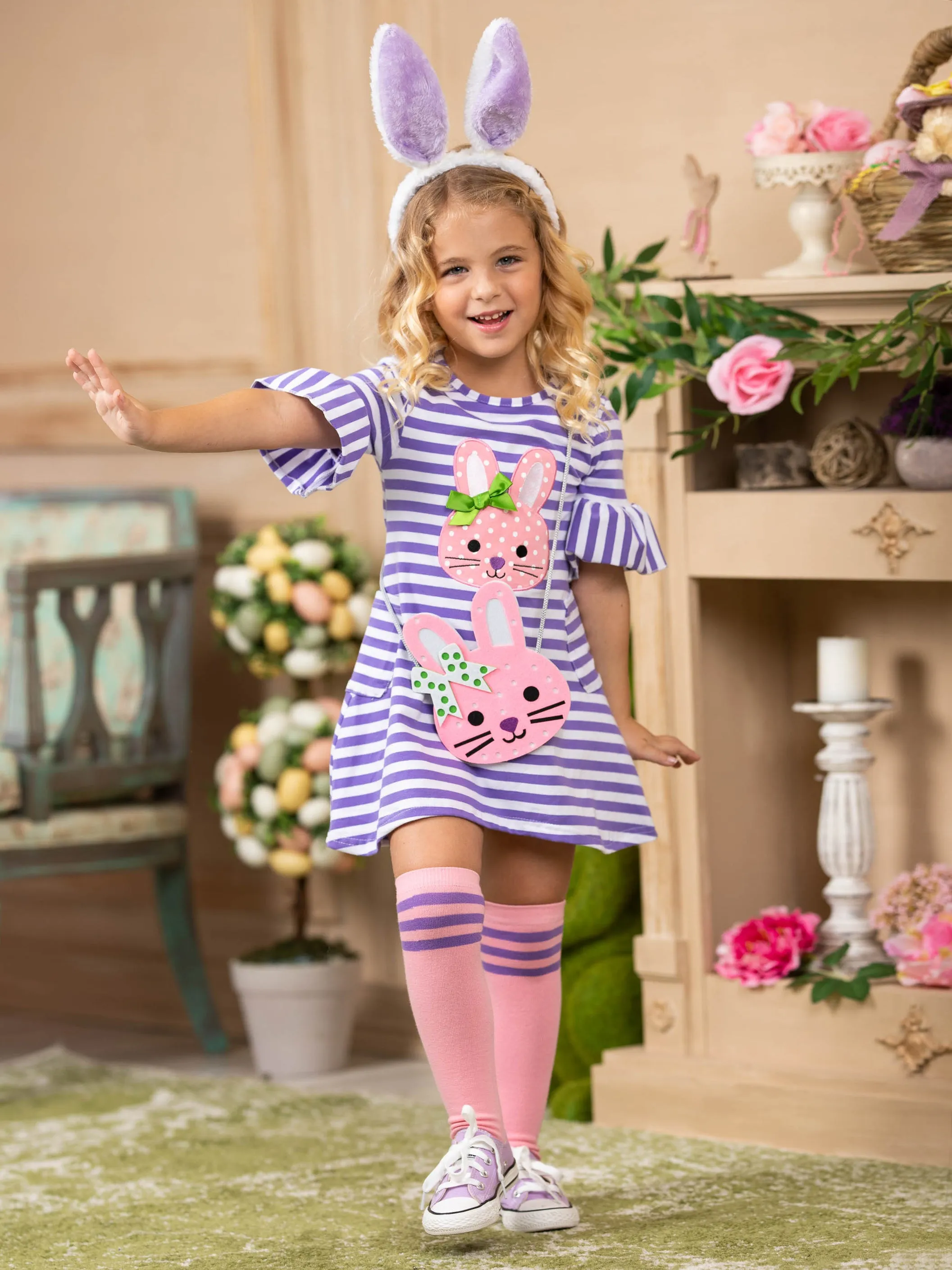 Girls Striped Bunny Applique Ruffled Sleeve Dress, Socks And Purse Set