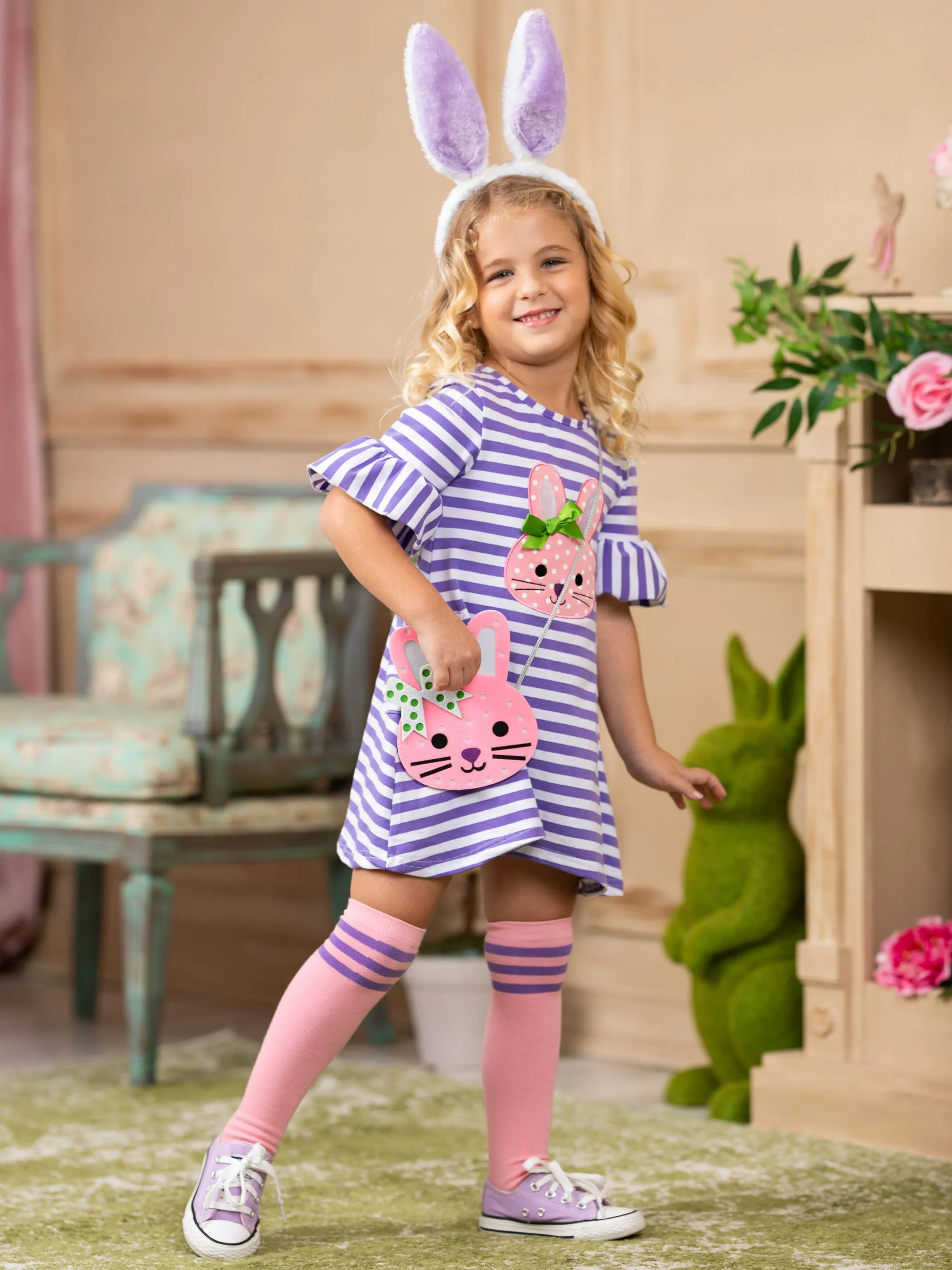 Girls Striped Bunny Applique Ruffled Sleeve Dress, Socks And Purse Set