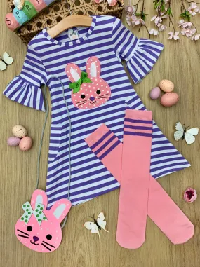 Girls Striped Bunny Applique Ruffled Sleeve Dress, Socks And Purse Set