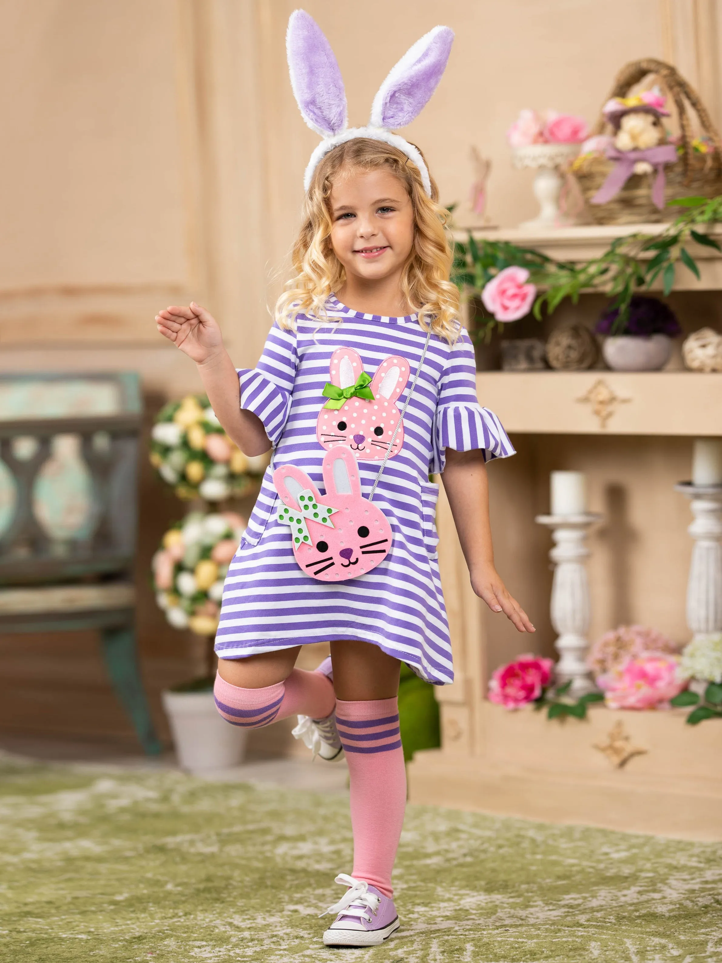 Girls Striped Bunny Applique Ruffled Sleeve Dress, Socks And Purse Set