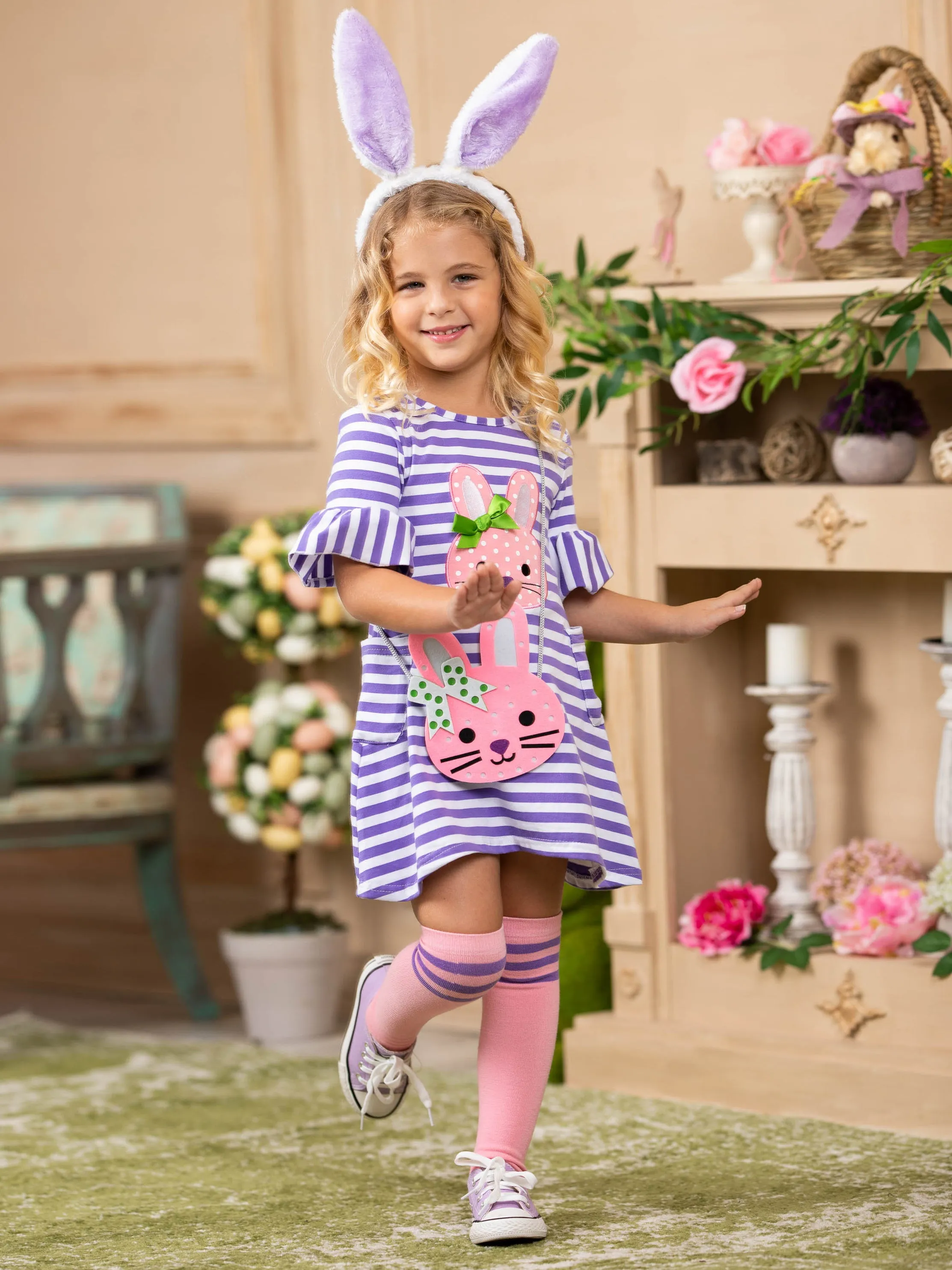 Girls Striped Bunny Applique Ruffled Sleeve Dress, Socks And Purse Set