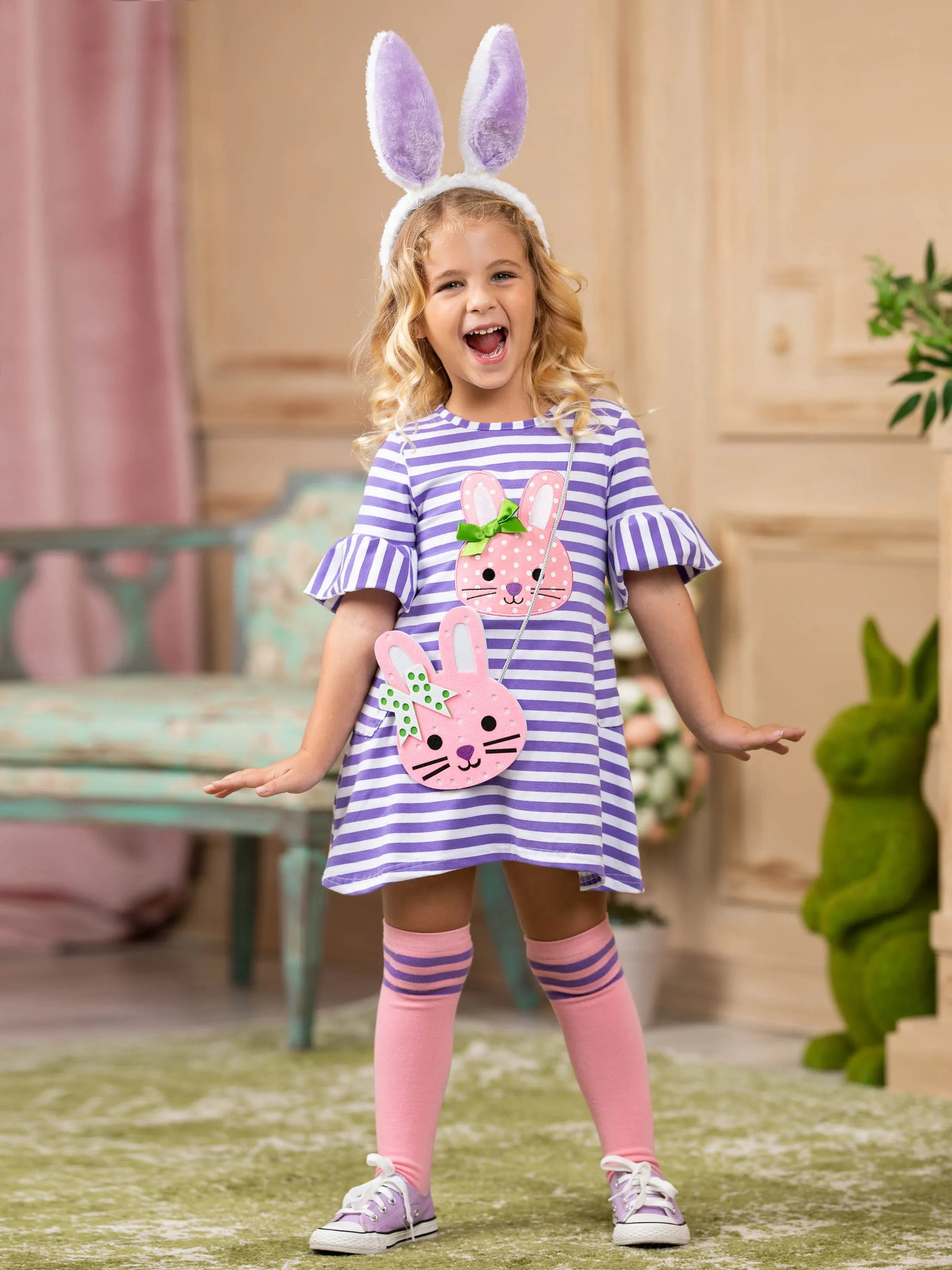 Girls Striped Bunny Applique Ruffled Sleeve Dress, Socks And Purse Set