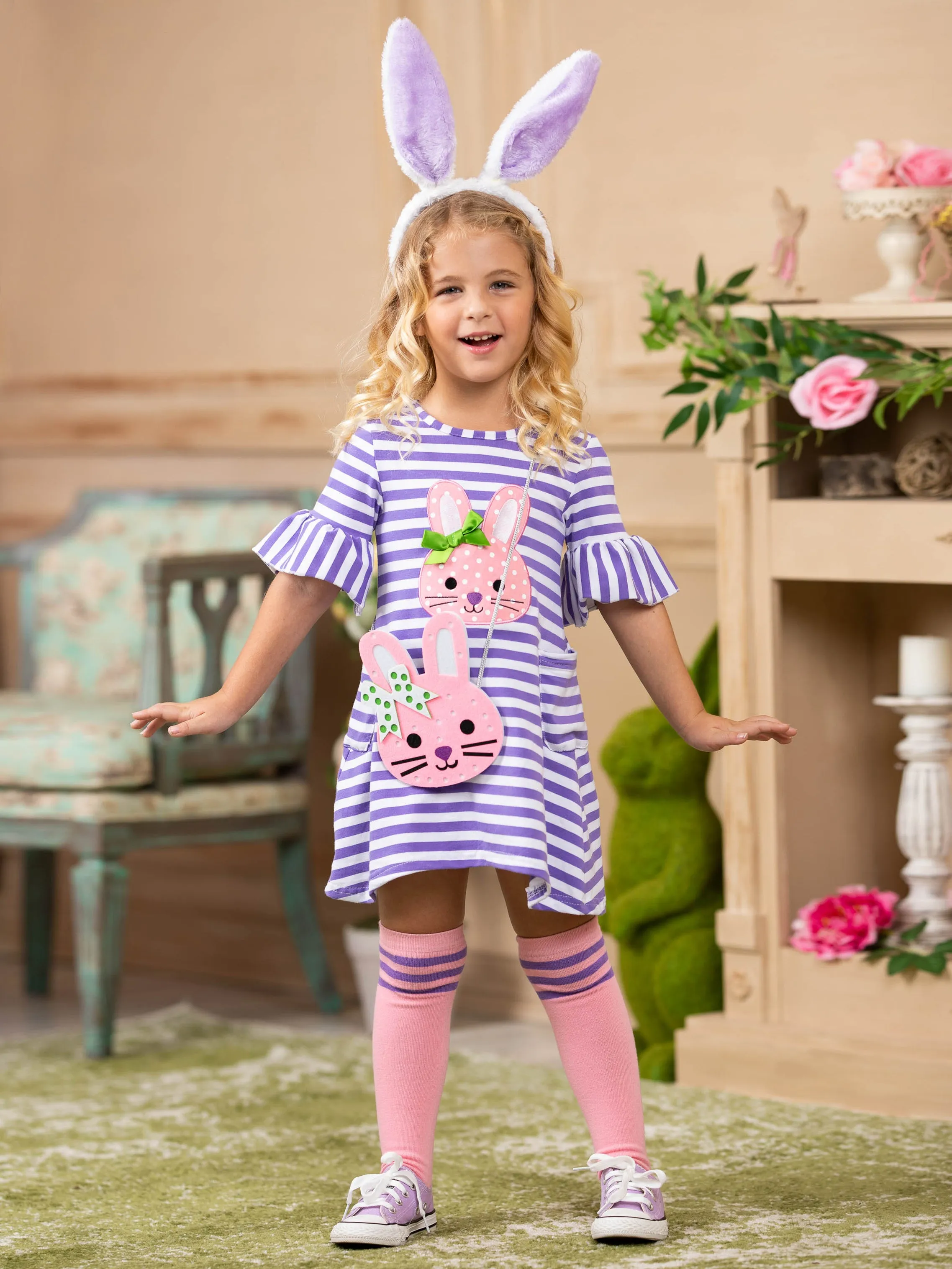 Girls Striped Bunny Applique Ruffled Sleeve Dress, Socks And Purse Set