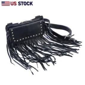 HL80151FRINGE FRINGE Women Leather Hip Clip FRINGE Purse Bag Fringe & Stud Waist Bag Fanny Pack Motorcycle