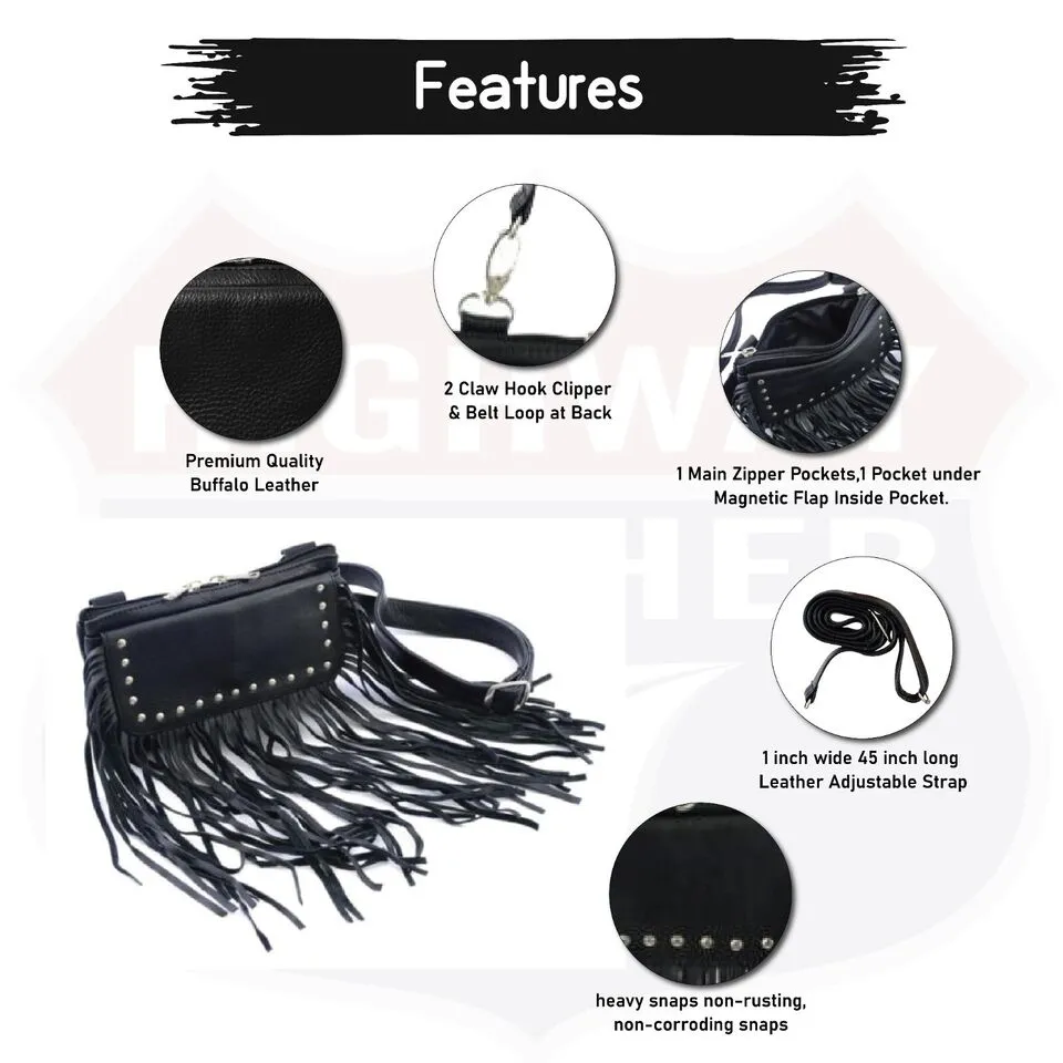 HL80151FRINGE FRINGE Women Leather Hip Clip FRINGE Purse Bag Fringe & Stud Waist Bag Fanny Pack Motorcycle