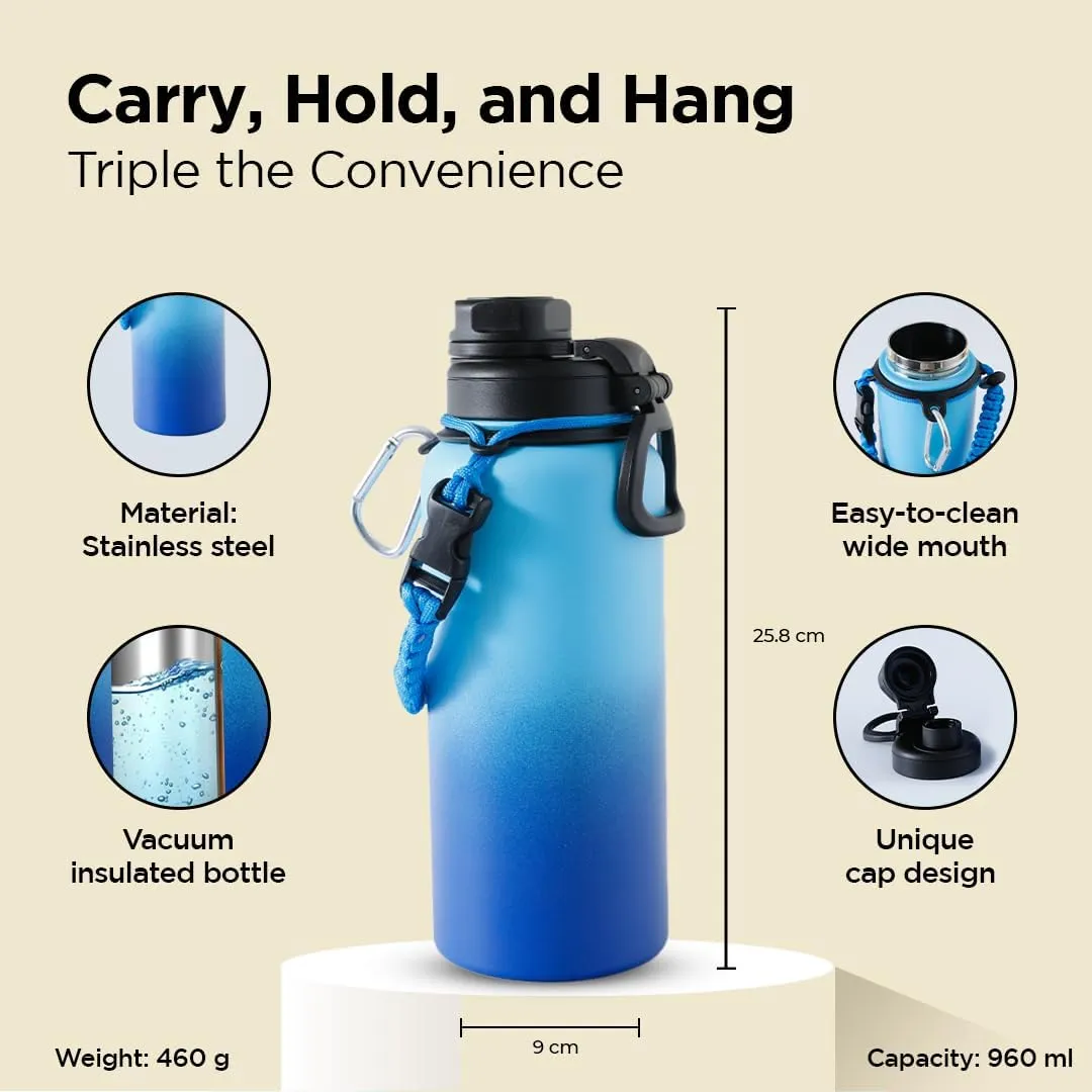 Homestic Water Bottle | Steel Water Bottle for Daily Use | Vacuum Insulated Flask Water Bottle with Rope | Hot & Cold Water Bottle | 960 ML | LX-230606 | Black