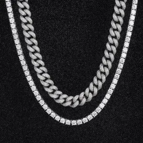 Iced Out Cuban Link Chain and Tennis Chain Set in White Gold KRKC&CO KEEP REAL KEEP CHAMPION