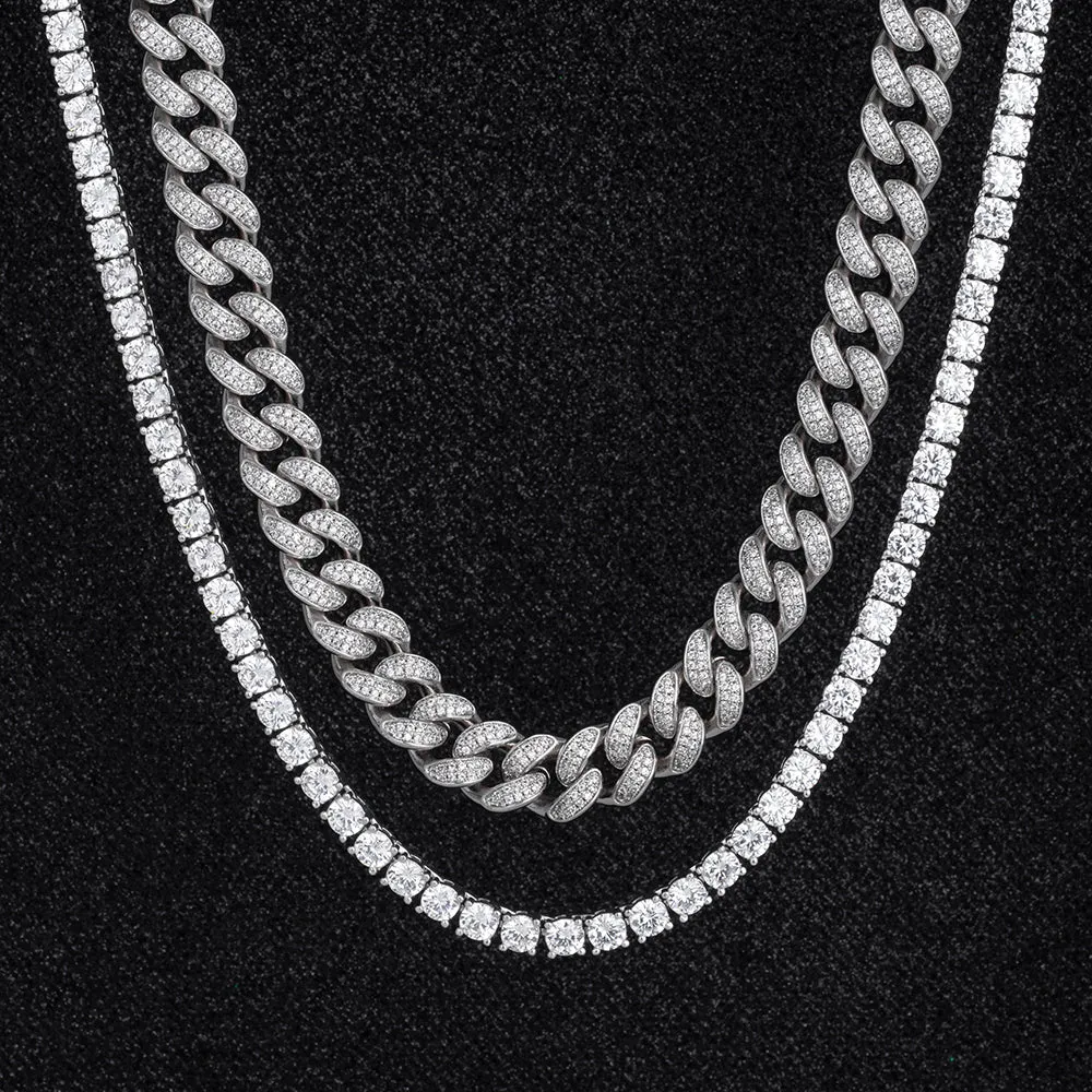 Iced Out Cuban Link Chain and Tennis Chain Set in White Gold KRKC&CO KEEP REAL KEEP CHAMPION